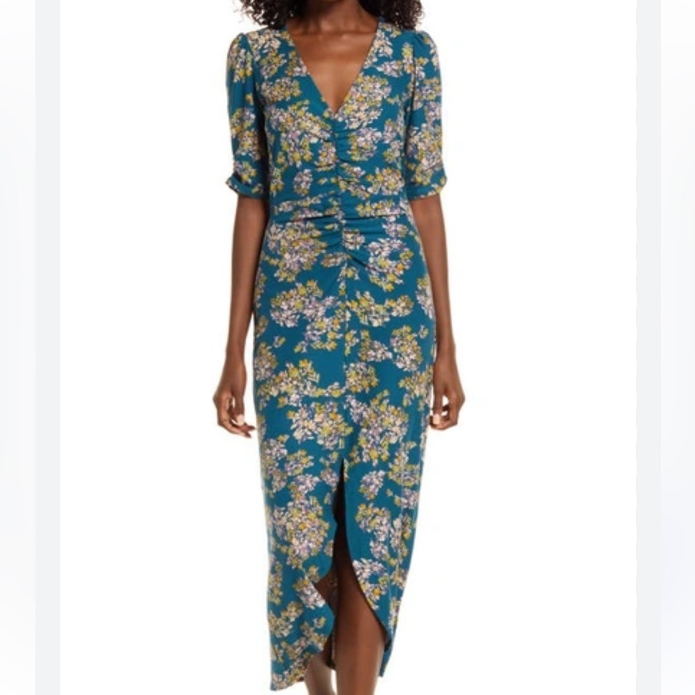 Charles Henry floral ruched midi dress in dark teal size small